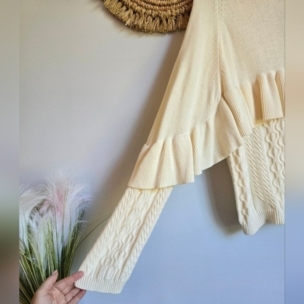 Project Naadam Volta Ivory Ruffle Cable Knit Funnel Neck Sweater SZ Large Boho - Picture 6 of 10